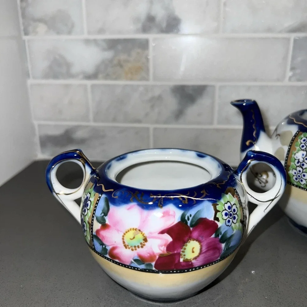 Vintage Hand Painted Floral Design 3 Piece (missing Lids) Tea Set, Made In Japan